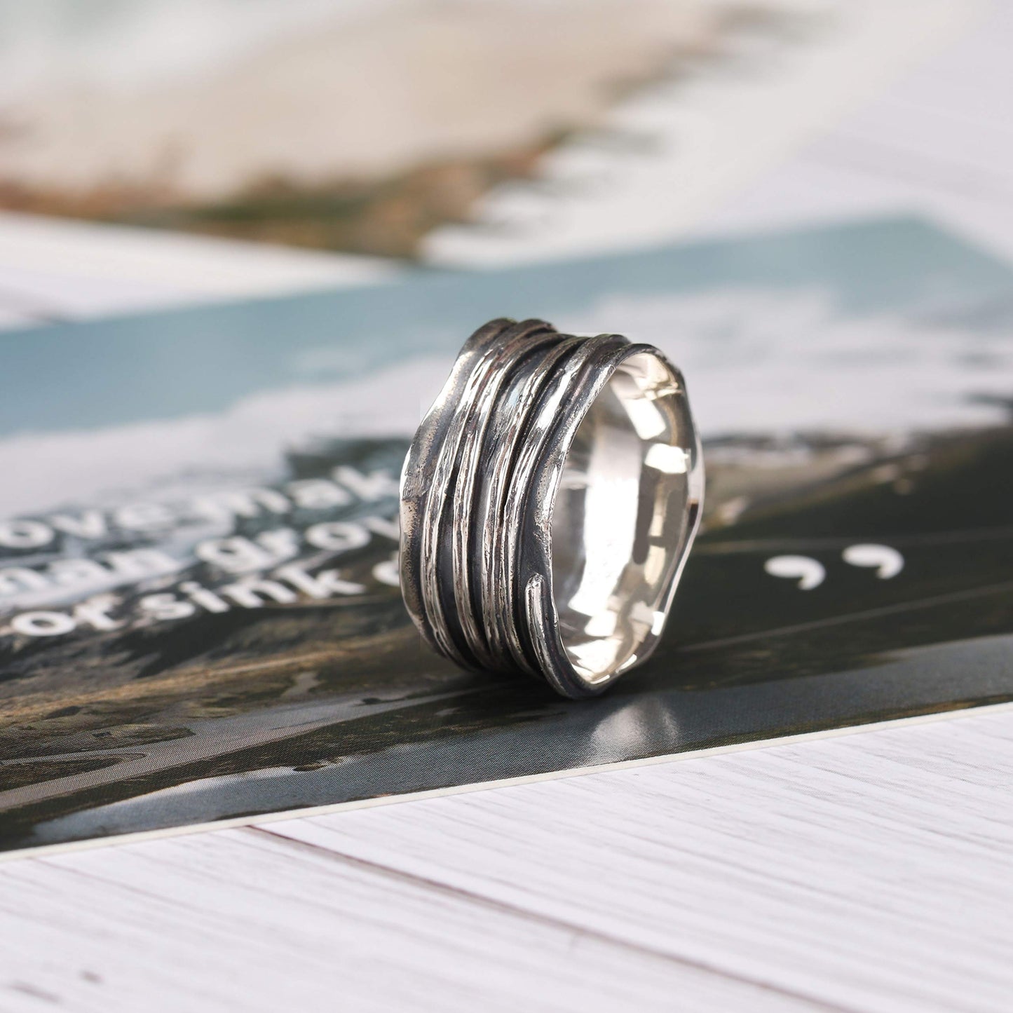 10mm Wide Band Ring 925 Sterling Silver Ripple Thumb Ring for Men