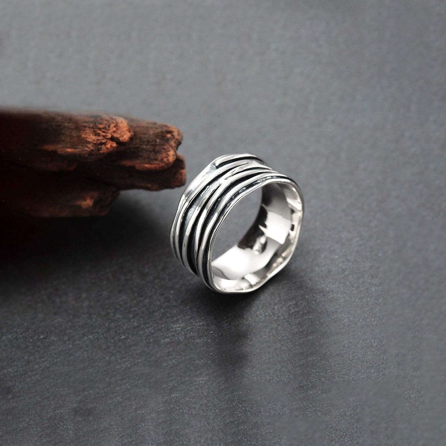 10mm Wide Band Ring 925 Sterling Silver Ripple Thumb Ring for Men
