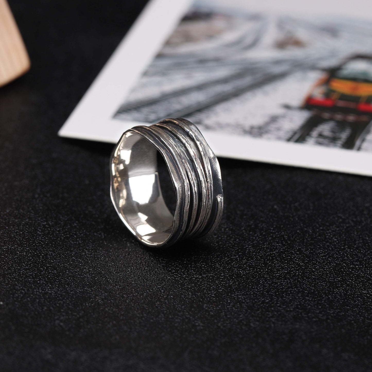 10mm Wide Band Ring 925 Sterling Silver Ripple Thumb Ring for Men