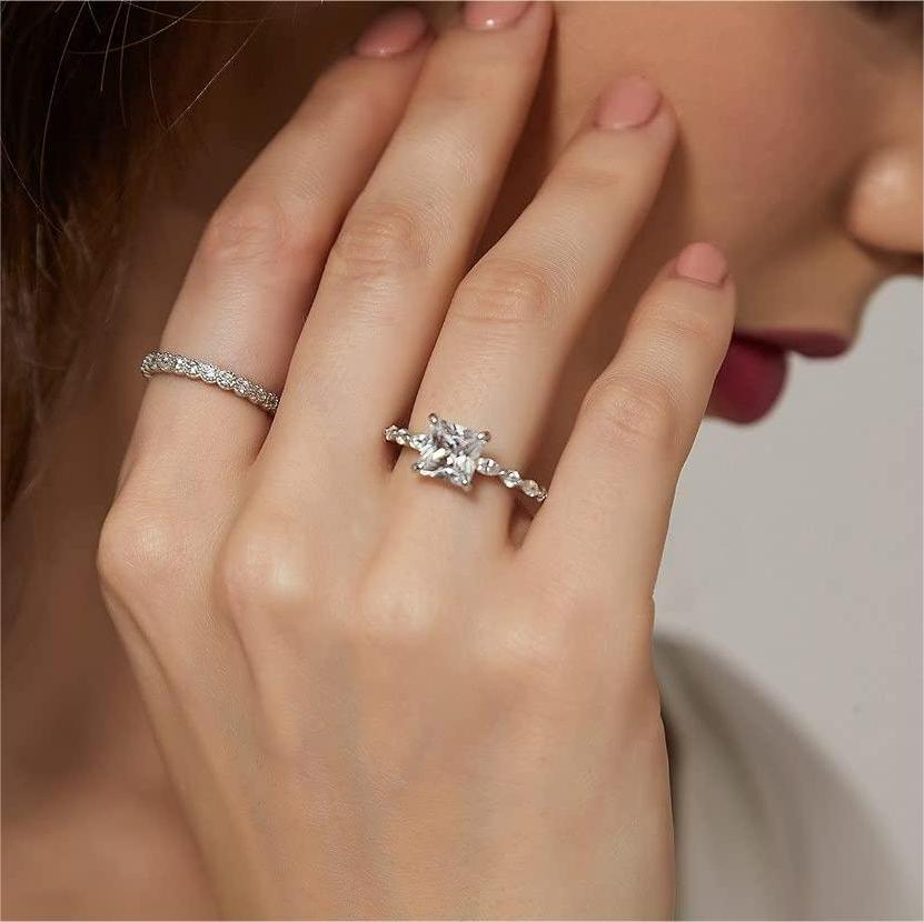 s925 wedding rings, cubic zirconia rings for women, cushion cut rings, eamti silver ring