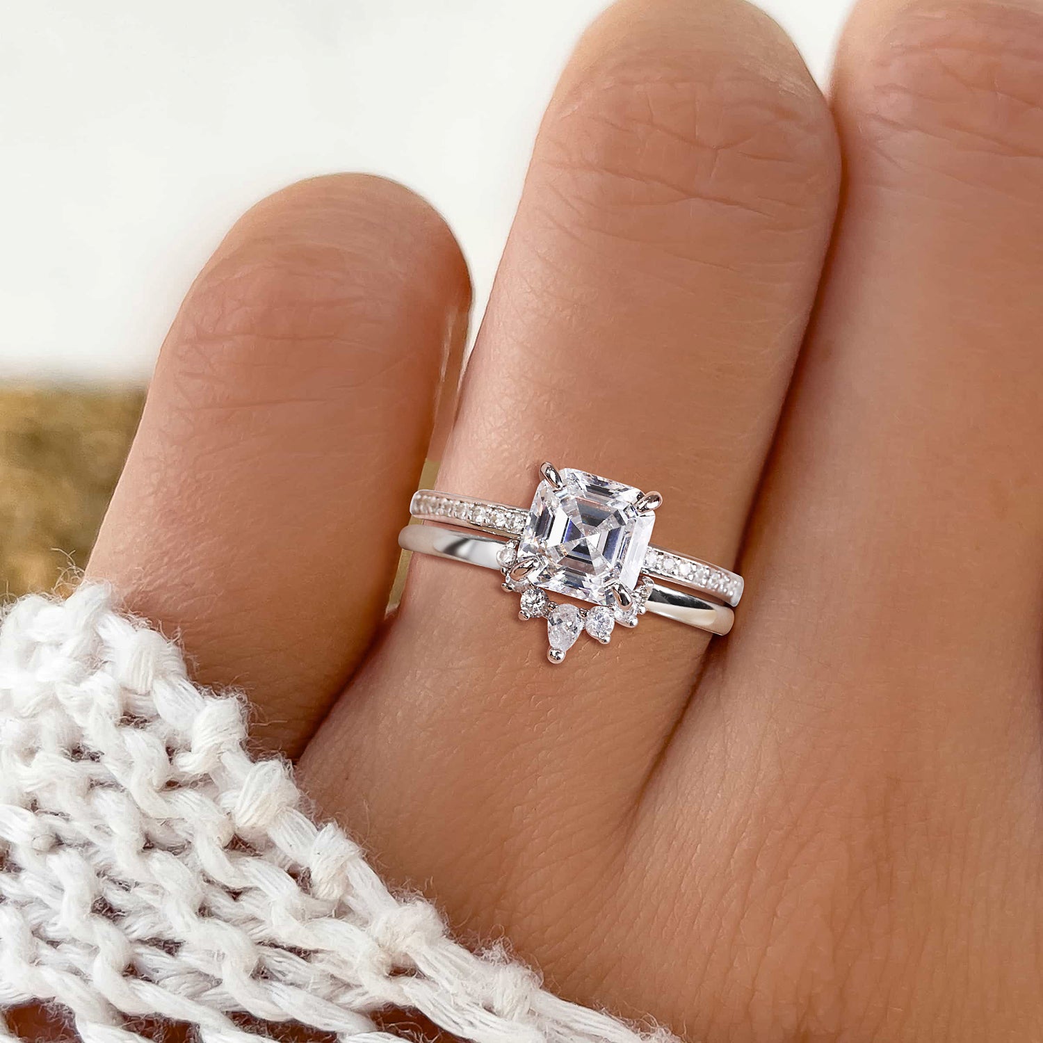 2CT 925 Sterling Silver Asscher Cut Crown Cubic Zirconia Ring Set