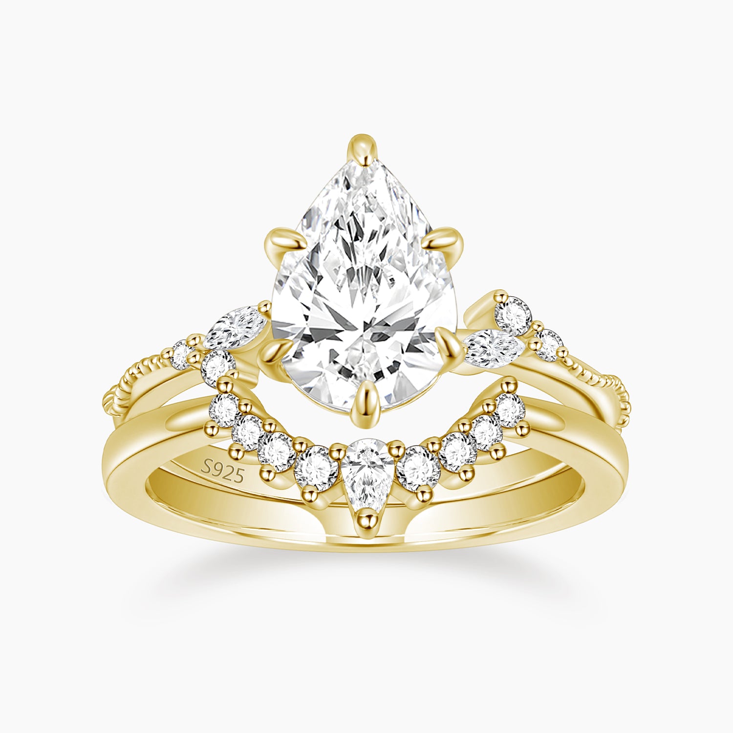 gold wedding band sets, cheap wedding ring sets, cz ring, cz engagement rings, cubic zirconia engagement rings, crown ring, pear engagement ring, fake bridal set rings, stackable ring