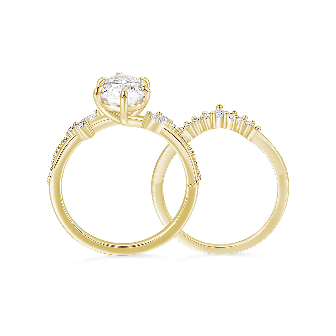 gold wedding band sets, cheap wedding ring sets, cz ring, cz engagement rings, cubic zirconia engagement rings, crown ring, pear engagement ring, fake bridal set rings, stackable ring