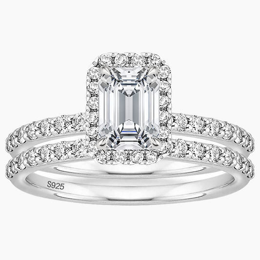 925 Sterling Silver Bridal Ring Sets Emerald Cut CZ Engagement Rings