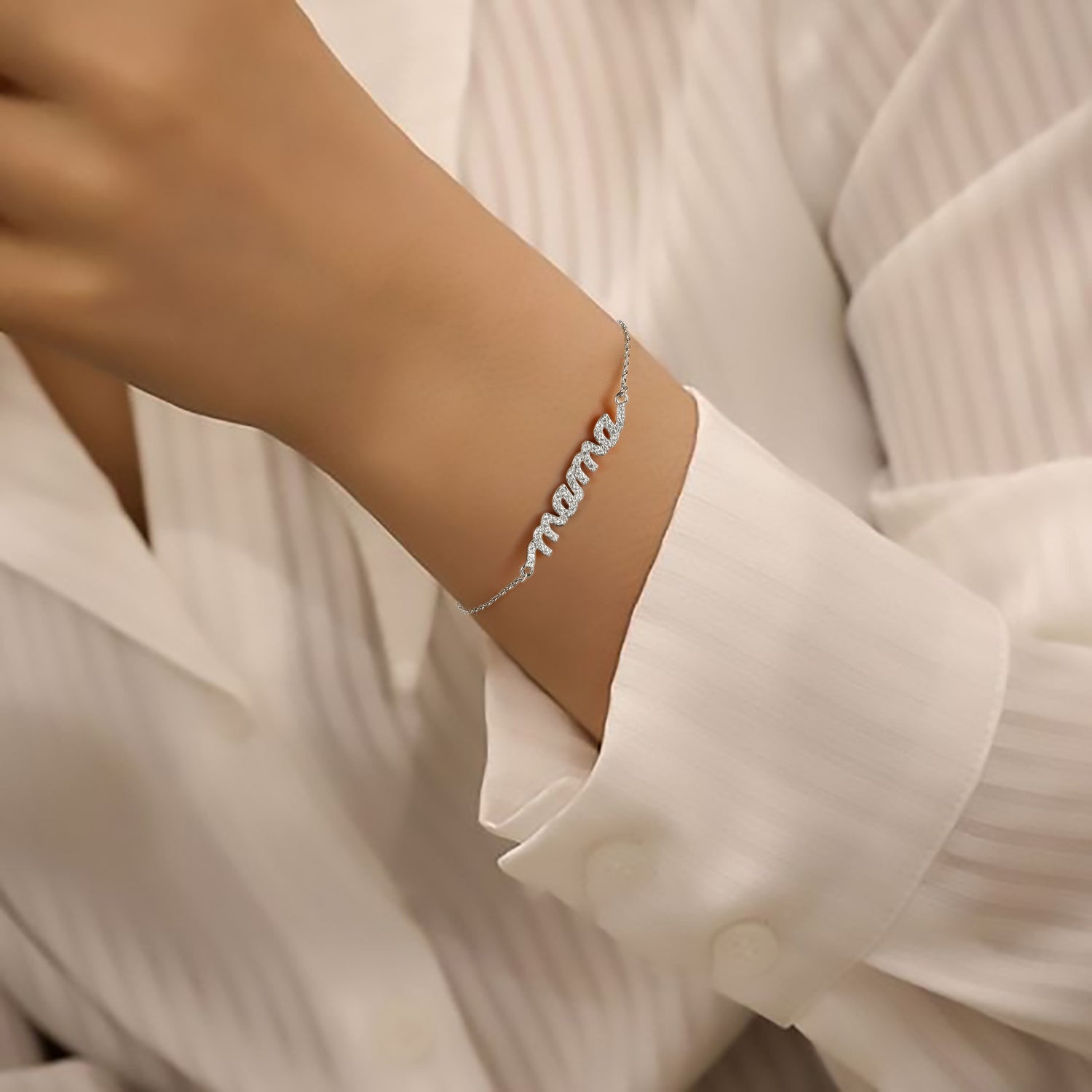mom bracelet, name bracelet, sterling silver bracelet, cz stones
