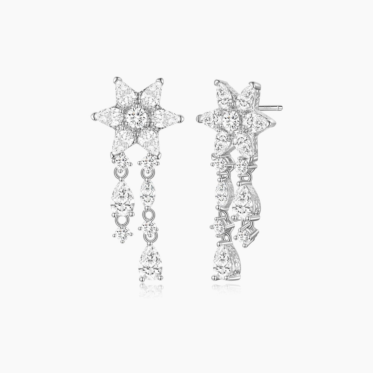 pear cut, oval cut, sterling silver, flower earrings, drop earrings