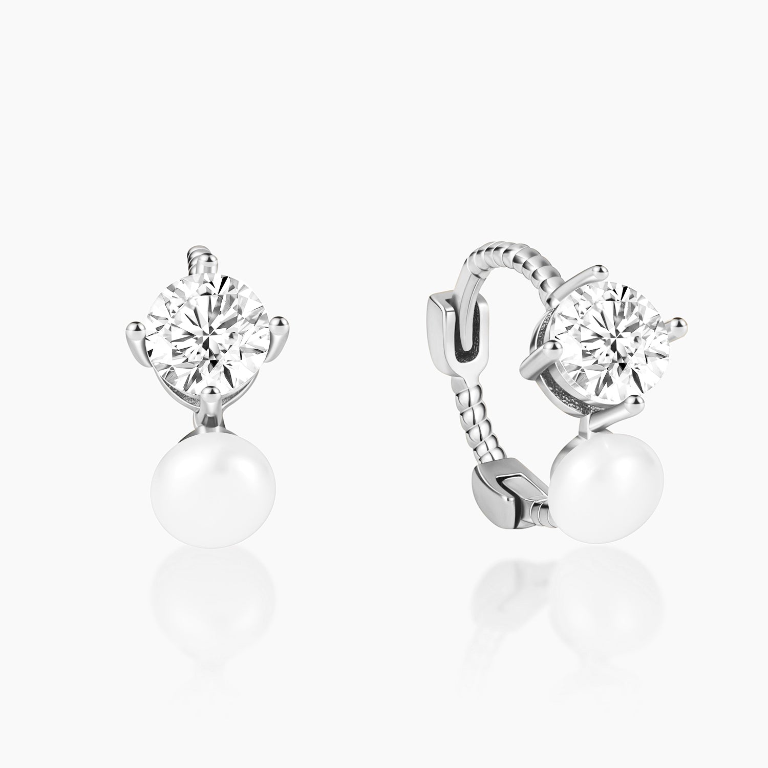 silver pearl earrings, huggie earrings, cz earring, pearl bridal earrings