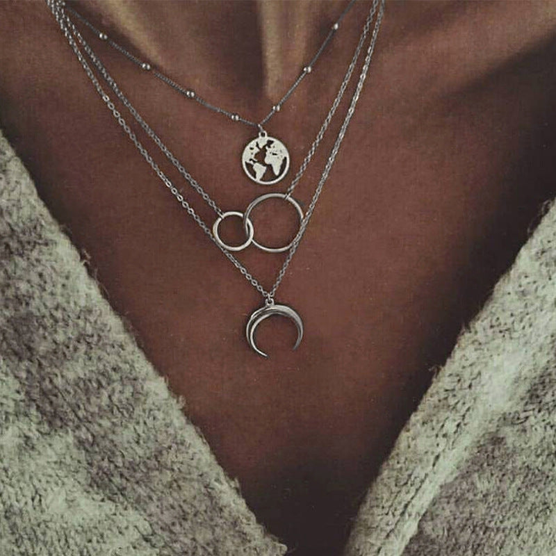 Silver Circle Map Horns Pendant Necklace