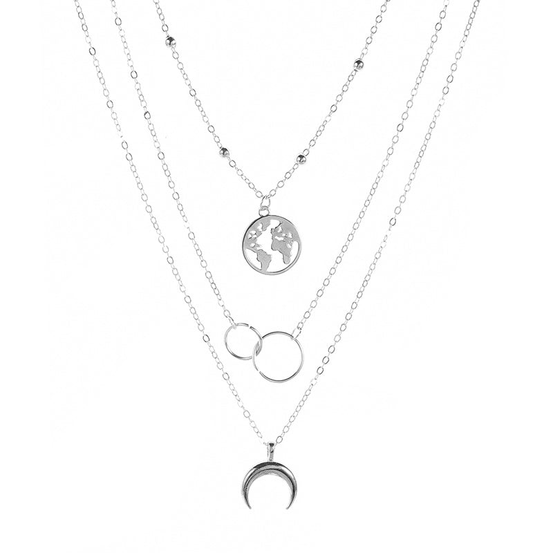 Silver Circle Map Horns Pendant Necklace