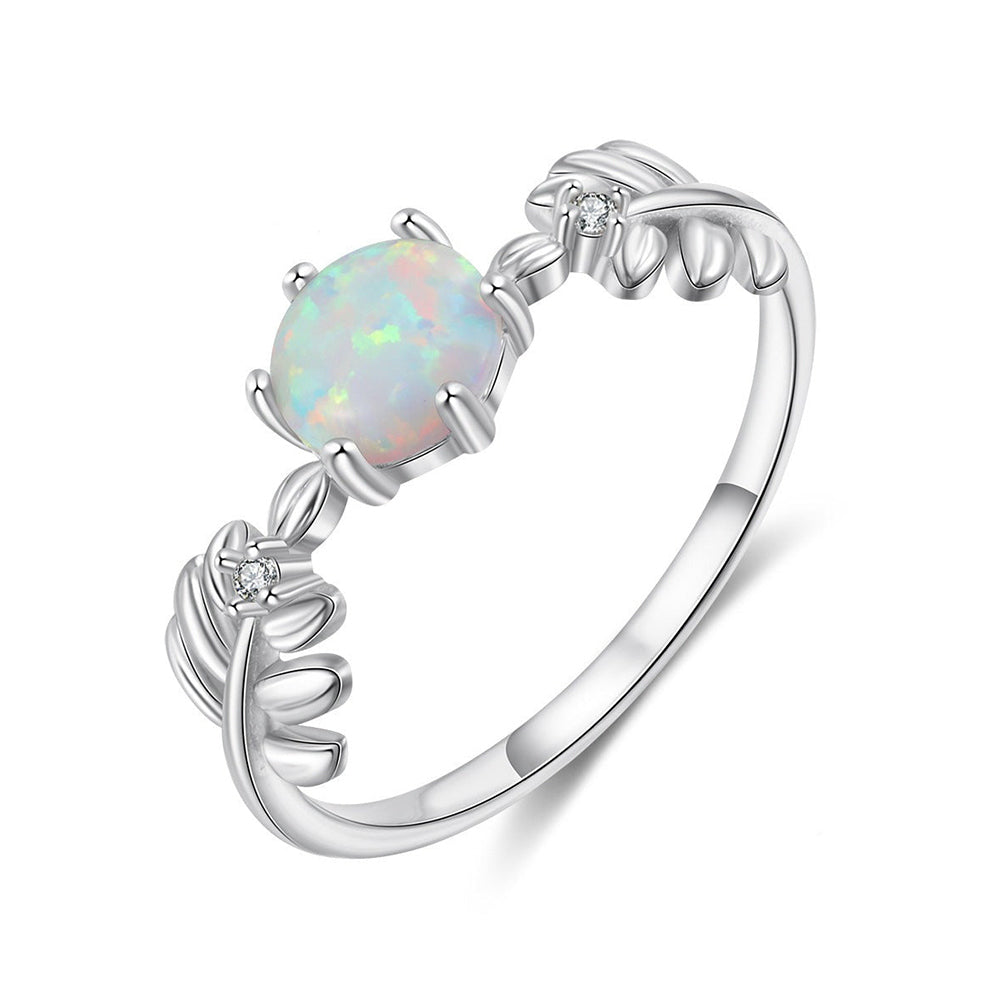 Leaf S925 Silver Round Opal Ring