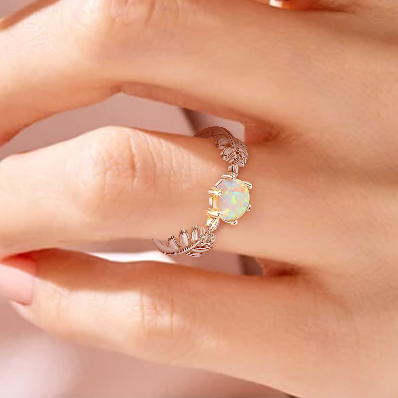 Leaf S925 Silver Round Opal Ring
