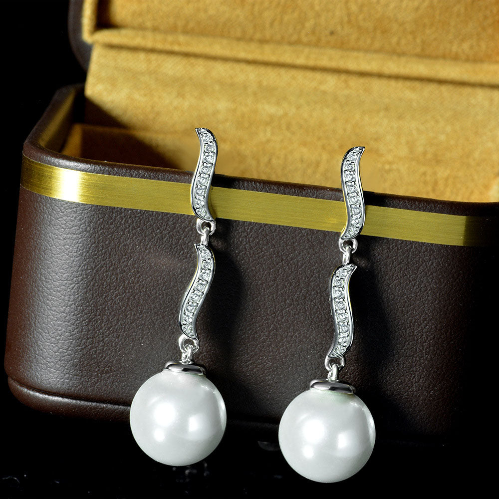 Sterling Silver Ripple Dangle Pearl Earrings