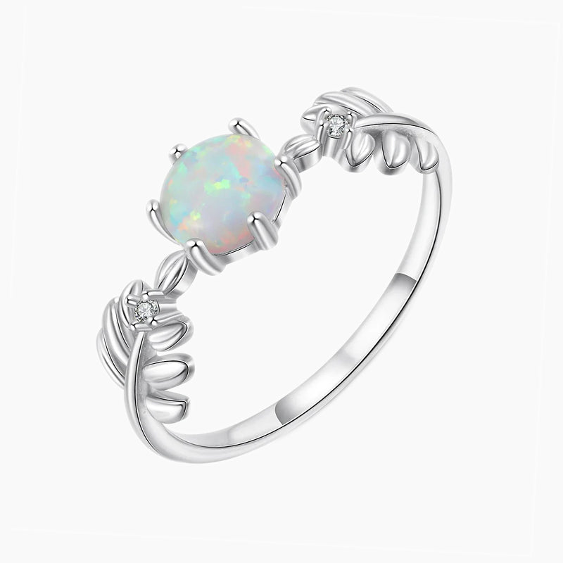 Leaf S925 Silver Round Opal Ring