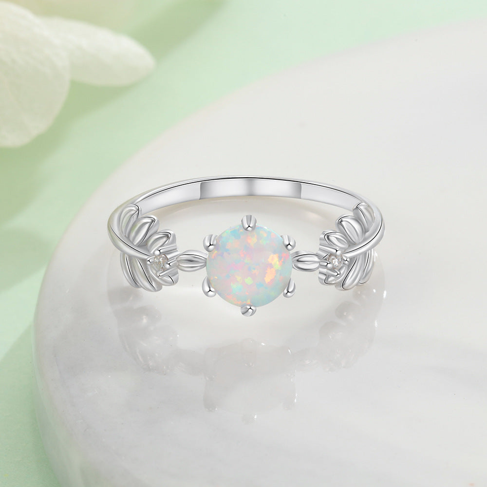 Leaf S925 Silver Round Opal Ring