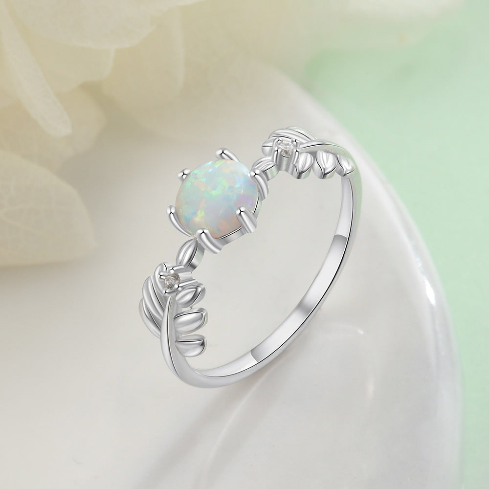 Leaf S925 Silver Round Opal Ring