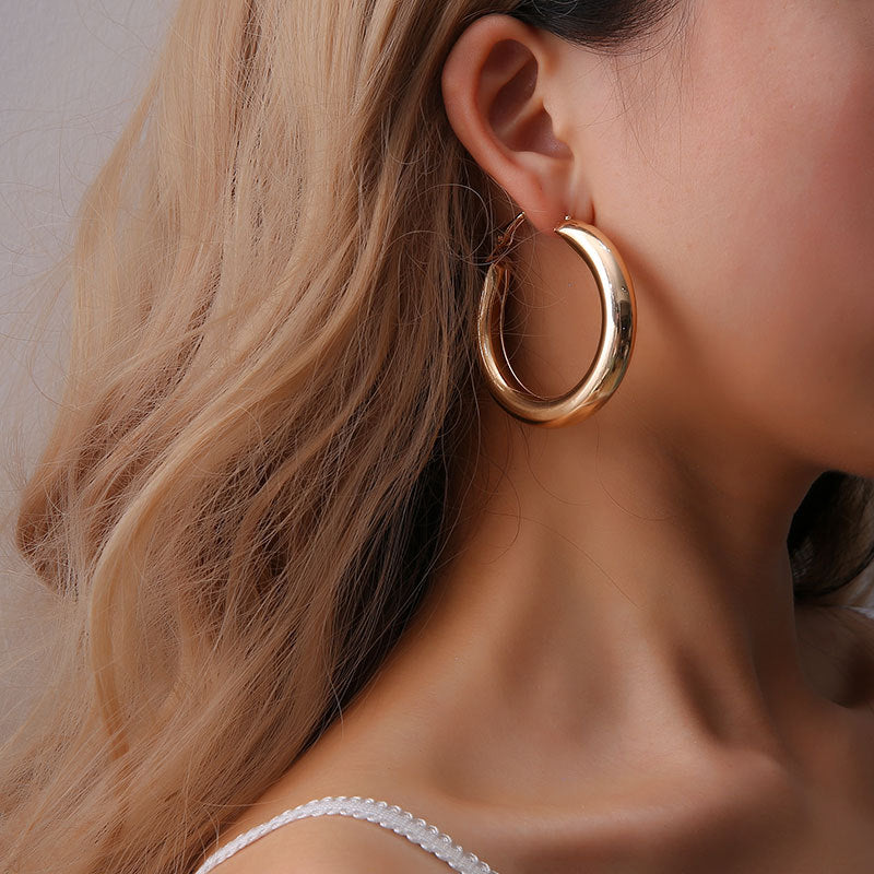Gold Hoops Earrings Minimalist Thick Tube Round Circle Earrings