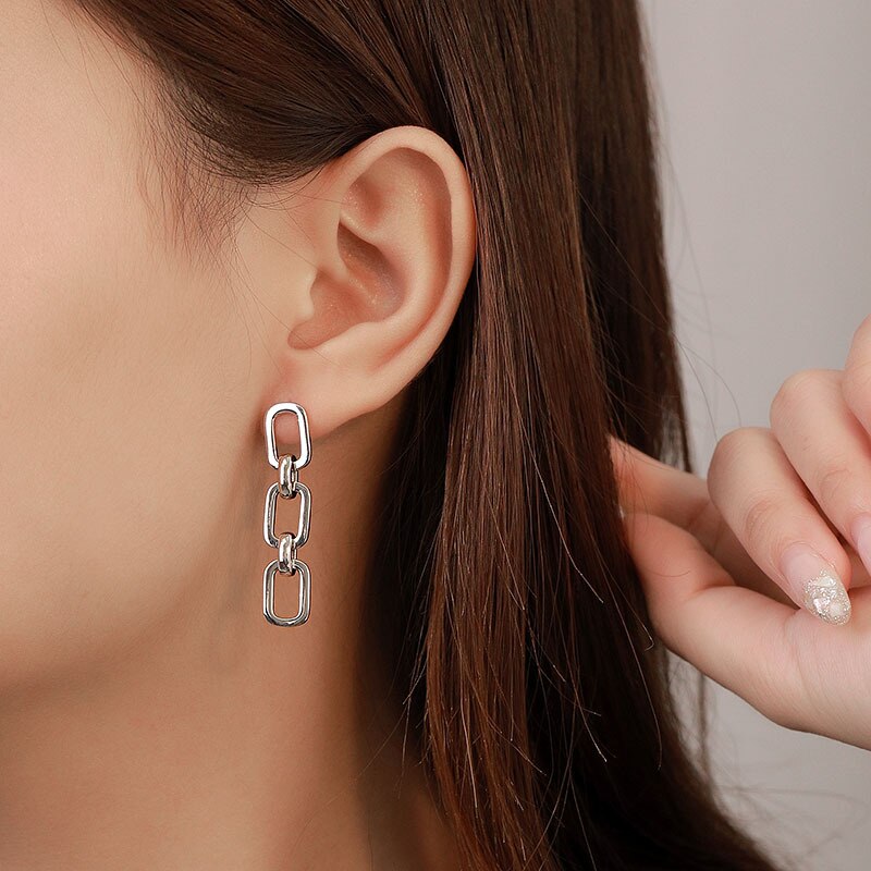 925 Sterling Silver Women's Wide Chain Long Stud Earrings