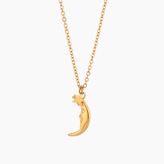 18K gold plated vintage style moon star girl necklace