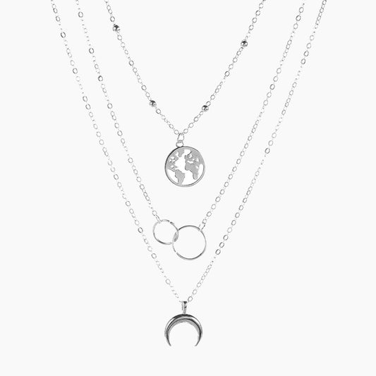 Silver Circle Map Horns Pendant Necklace