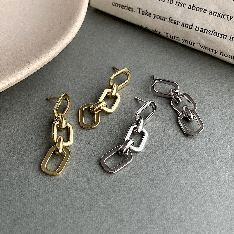 925 Sterling Silver Women's Wide Chain Long Stud Earrings Elegant Bohemian Tassel Earrings