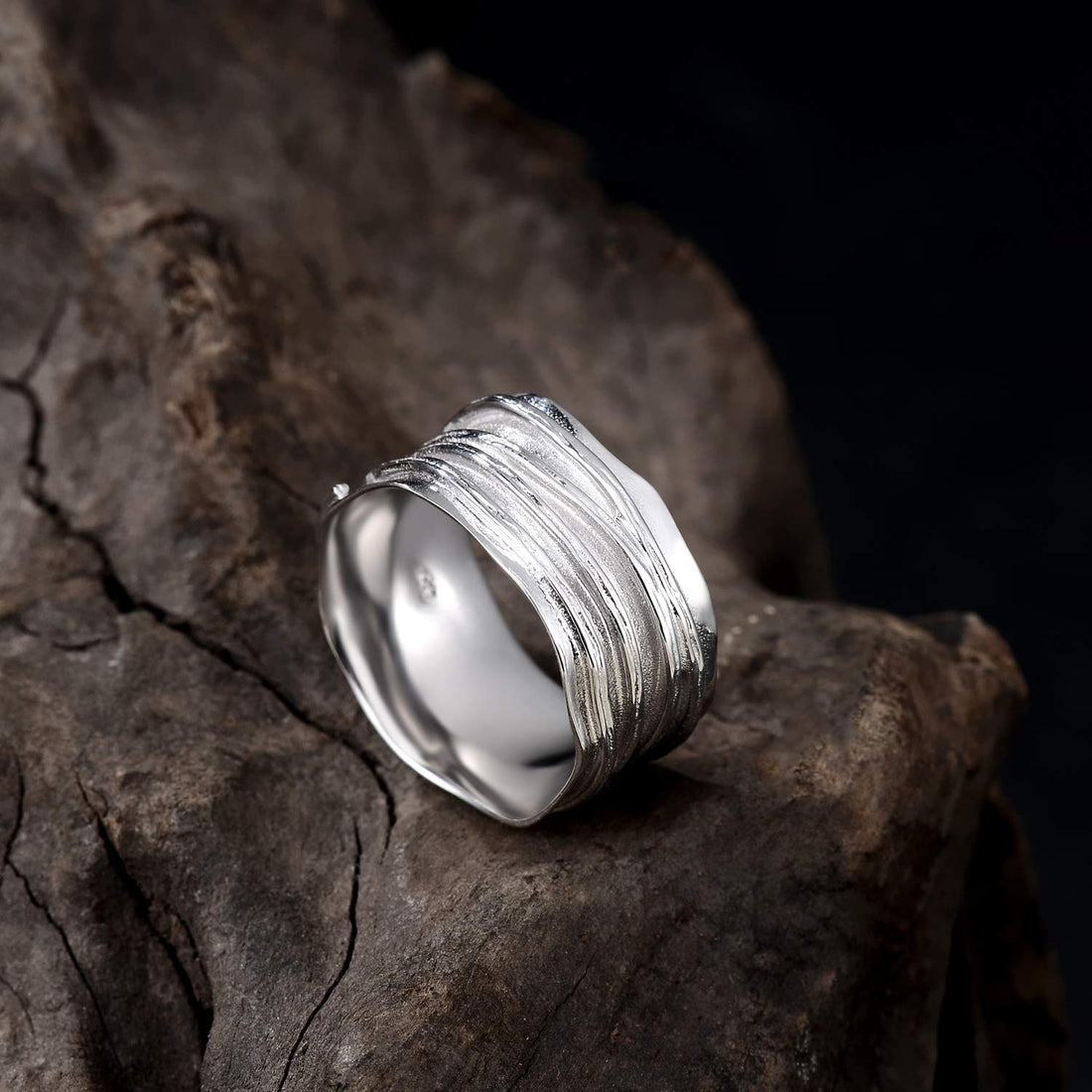 Wide Band Ring 925 Sterling Silver Ripple Thumb Ring