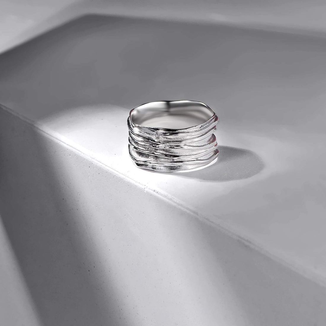 Wide Band Ring 925 Sterling Silver Ripple Thumb Ring